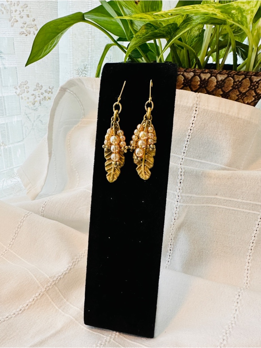 Gold Leaf and Pearl Cluster Drop Earrings - Women Jewelry